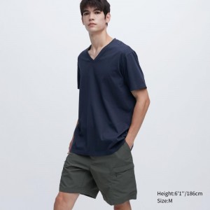 Uniqlo Dry Color V-Neck Short-Sleeve T-shirt Herr Marinblå | 5694531