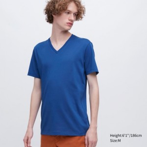 Uniqlo Dry Color V-Neck Short-Sleeve T-shirt Herr Blå | 6411691