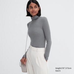 Uniqlo HEATTECH Extra Warm Seamless Ribbed Turtleneck Long-Sleeve T-shirt Dam Grå | 8221963