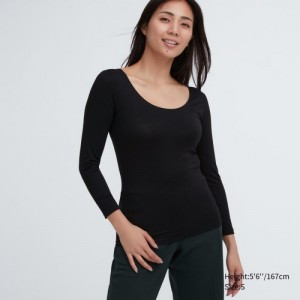 Uniqlo HEATTECH Scoop Neck Long-Sleeve T-shirt Dam Svarta | 4714756