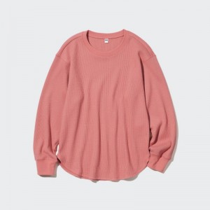 Uniqlo Waffle Crew Neck Long-Sleeve T-shirt Dam Rosa | 5557108