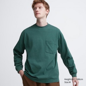Uniqlo Washed Cotton Crew Neck Long-sleeve T-shirt Herr Gröna | 2374609