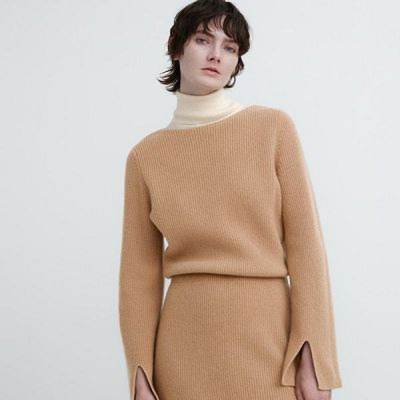 Uniqlo Boat Neck Long-Sleeve Knit Klänning Dam Beige | 3785648