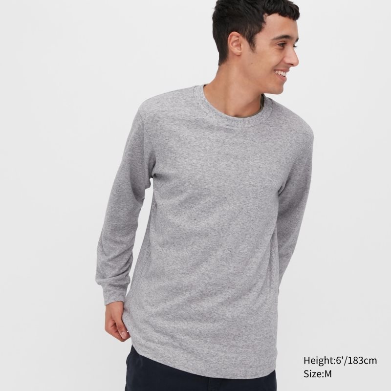 Uniqlo Brushed Cotton Crew Neck Long-sleeve T-shirt Herr Grå | 1602441