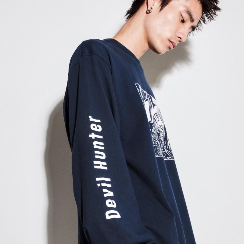 Uniqlo Chainsaw Man × Kosuke Kawamura Ut Long-sleeve Graphic T-shirt Herr Marinblå | 2502941