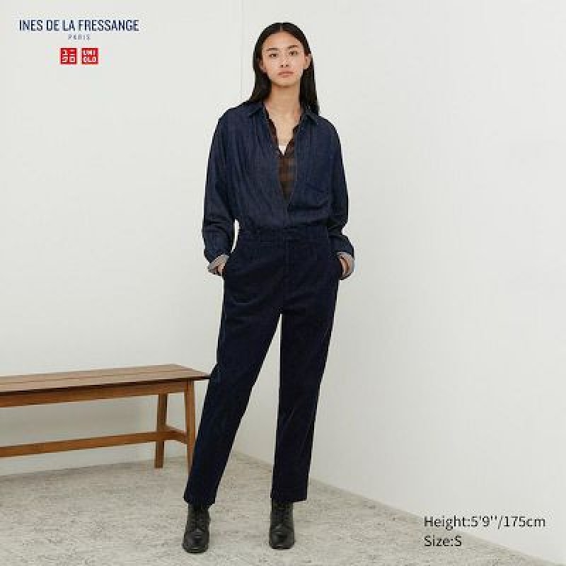 Uniqlo Corduroy Tapered Ankle Byxor Dam Marinblå | 6077118