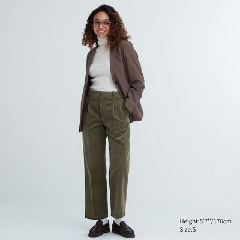 Uniqlo Corduroy Wide-Fit Pleated Byxor Dam Olivgröna | 9929212