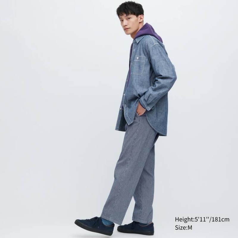 Uniqlo Cotton Hickory Relaxed Fit Ankle Length Byxor Herr Blå | 7573634