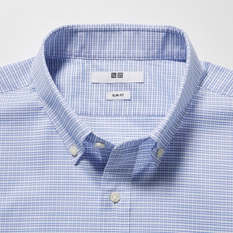 Uniqlo Easy Care Checked Stretch Slim-fit Long-sleeve Skjorta Herr Blå | 2636171