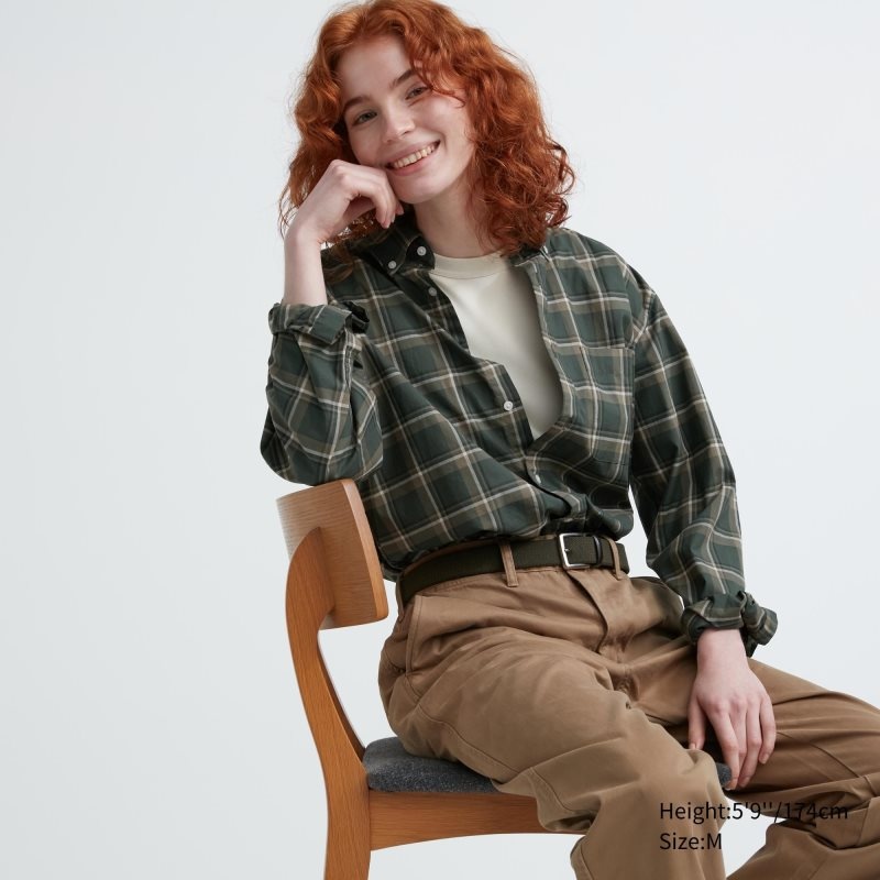 Uniqlo Extra Fine Cotton Broadcloth Checked Long-sleeve Skjorta Herr Olivgröna | 6669856