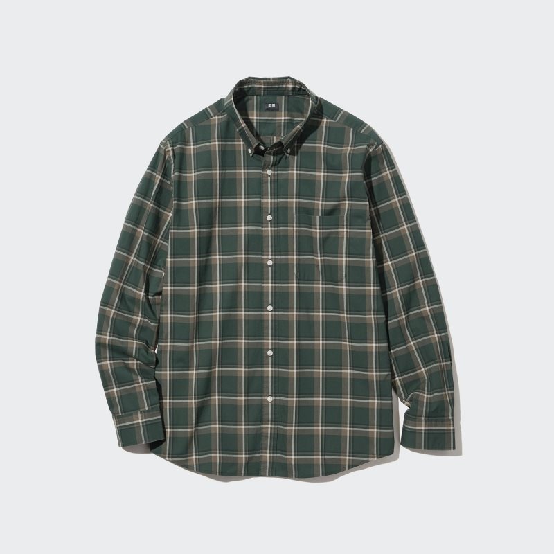 Uniqlo Extra Fine Cotton Broadcloth Checked Long-sleeve Skjorta Herr Olivgröna | 6669856