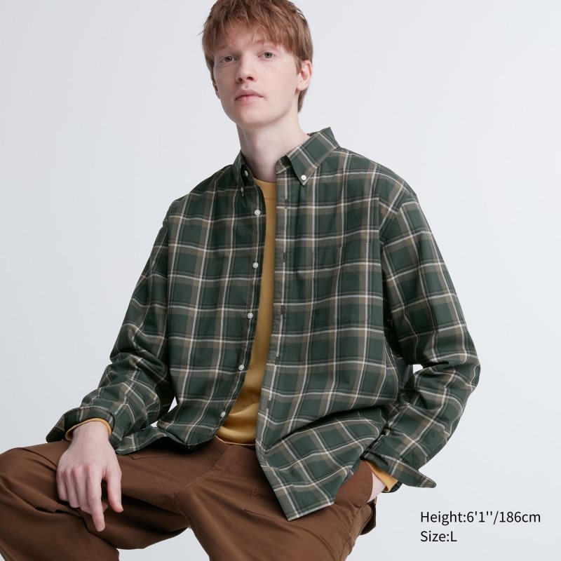 Uniqlo Extra Fine Cotton Broadcloth Checked Long-sleeve Skjorta Herr Olivgröna | 6669856