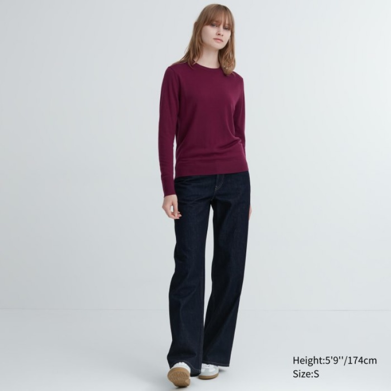 Uniqlo Extra Fine Merino Crew Neck Long-Sleeve Tröjor Dam Vinröda | 759532