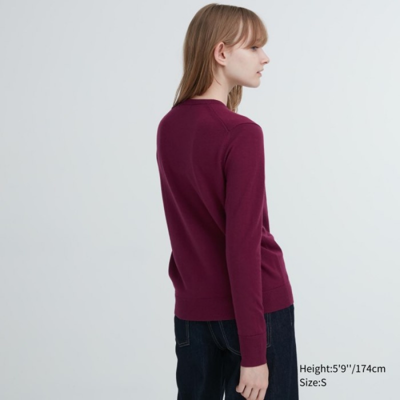Uniqlo Extra Fine Merino Crew Neck Long-Sleeve Tröjor Dam Vinröda | 759532