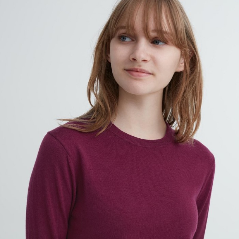 Uniqlo Extra Fine Merino Crew Neck Long-Sleeve Tröjor Dam Vinröda | 759532
