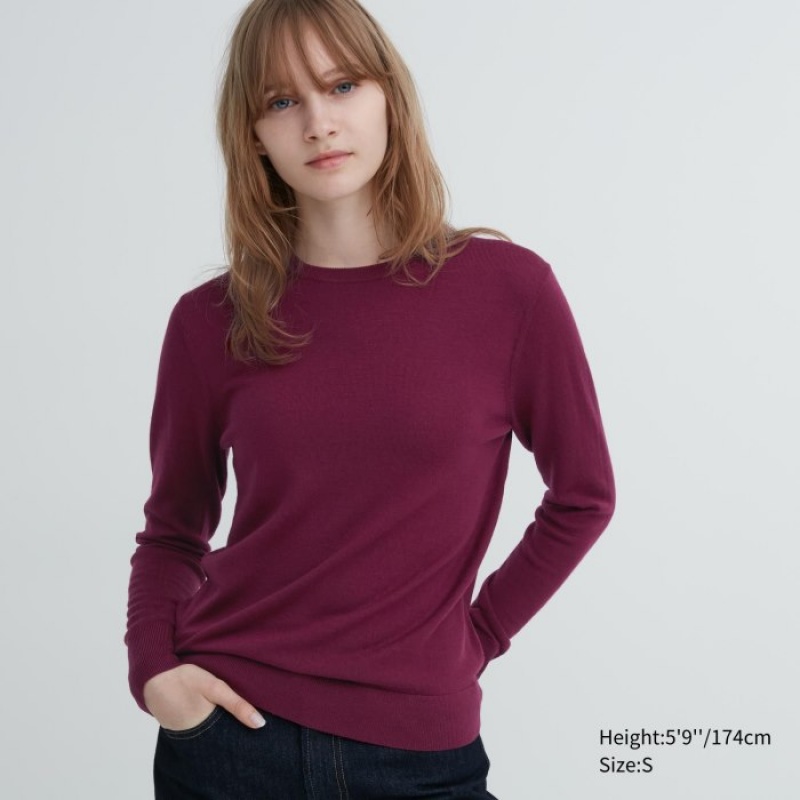 Uniqlo Extra Fine Merino Crew Neck Long-Sleeve Tröjor Dam Vinröda | 759532