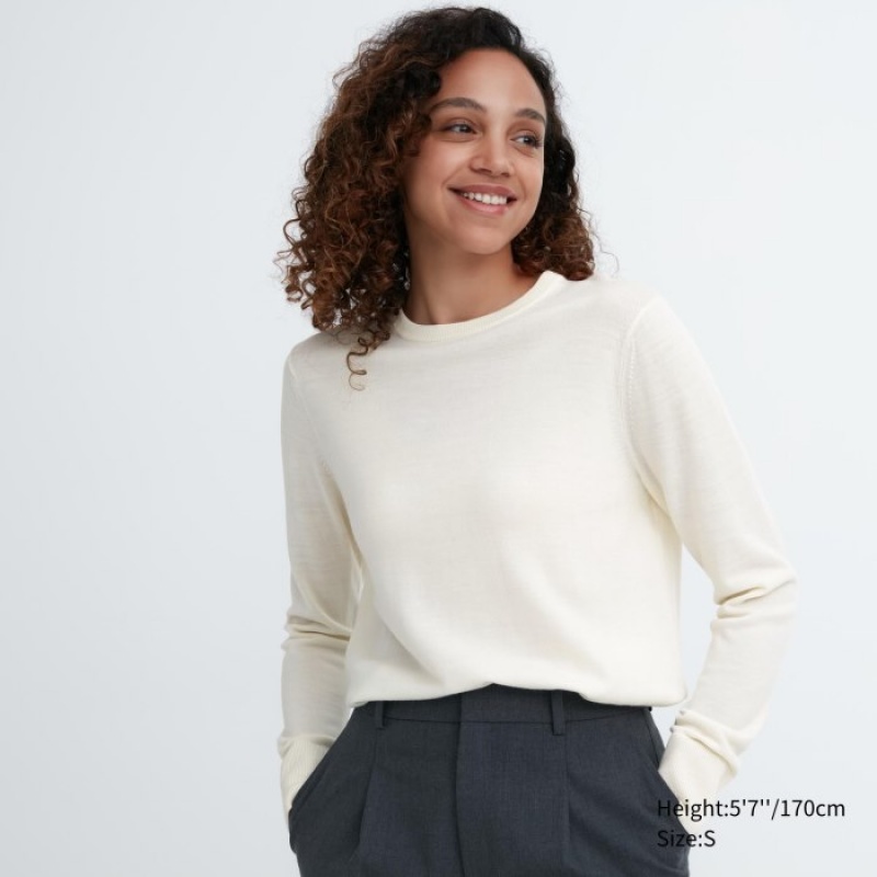 Uniqlo Extra Fine Merino Crew Neck Long-Sleeve Tröjor Dam Vita | 6740275