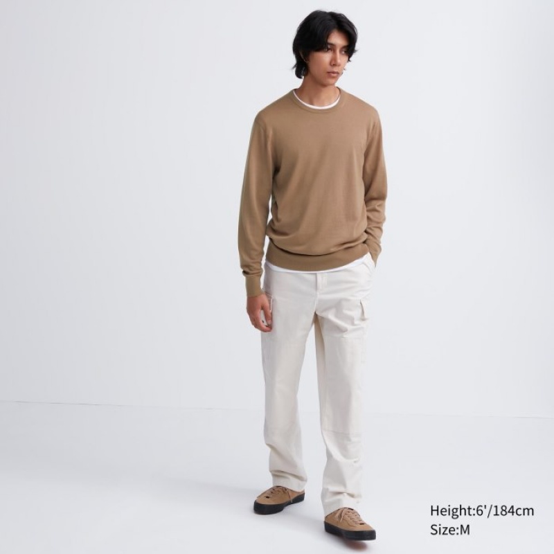 Uniqlo Extra Fine Merino Crew Neck Long-Sleeve Tröjor Dam Beige | 9958402