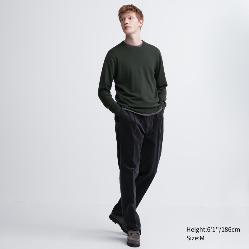 Uniqlo Extra Fine Merino Crew Neck Tröjor Herr Olivgröna | 8050527