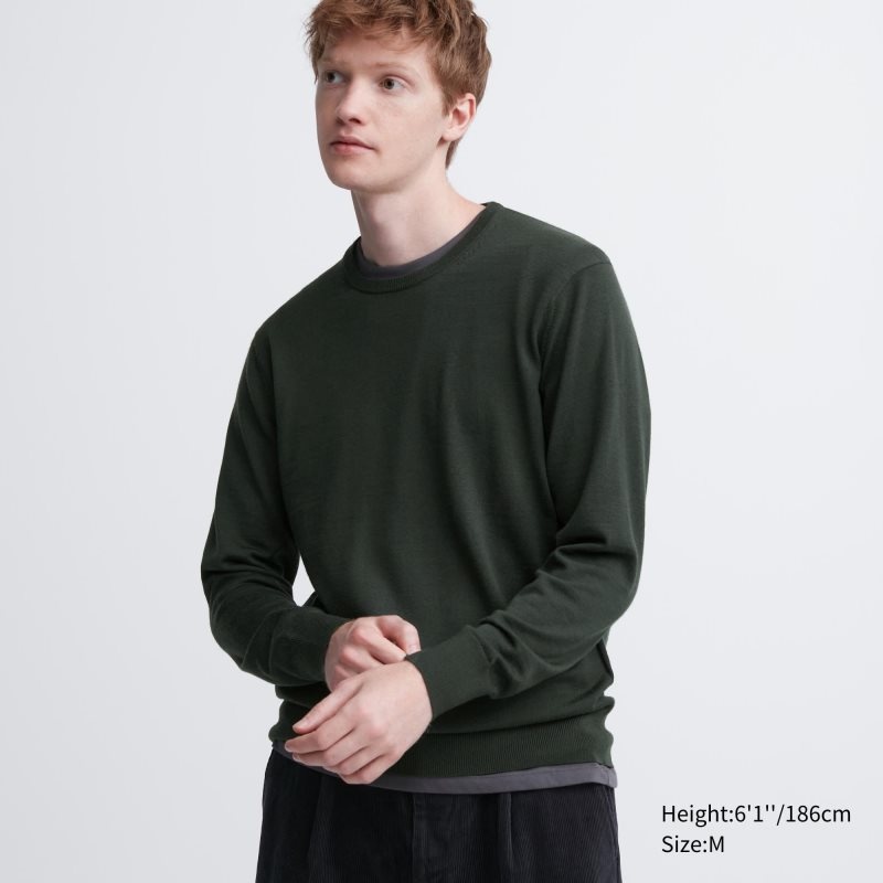 Uniqlo Extra Fine Merino Crew Neck Tröjor Herr Olivgröna | 8050527