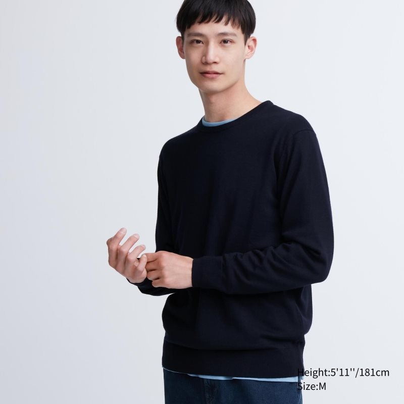 Uniqlo Extra Fine Merino Crew Neck Tröjor Herr Marinblå | 4554493