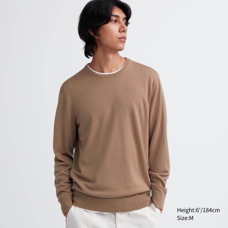 Uniqlo Extra Fine Merino Crew Neck Tröjor Herr Beige | 9438542