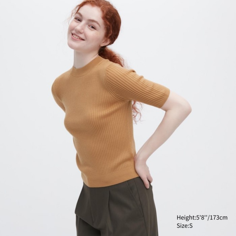 Uniqlo Extra Fine Merino Ribbed Mock Neck Half-Sleeve Tröjor Dam Beige | 3950840