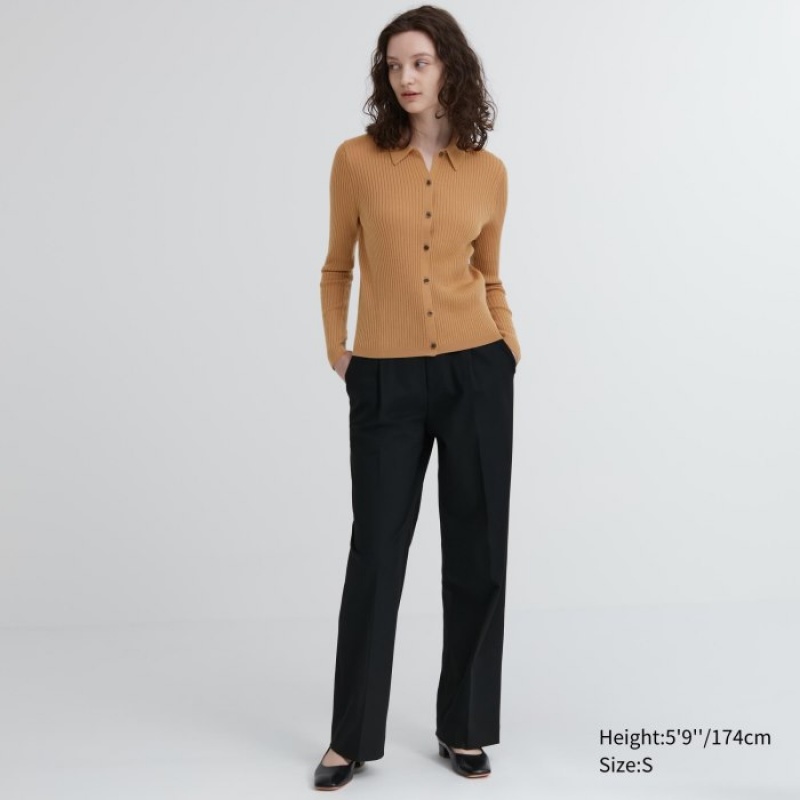 Uniqlo Extra Fine Merino Ribbed Polo Kofta Dam Beige | 1704575