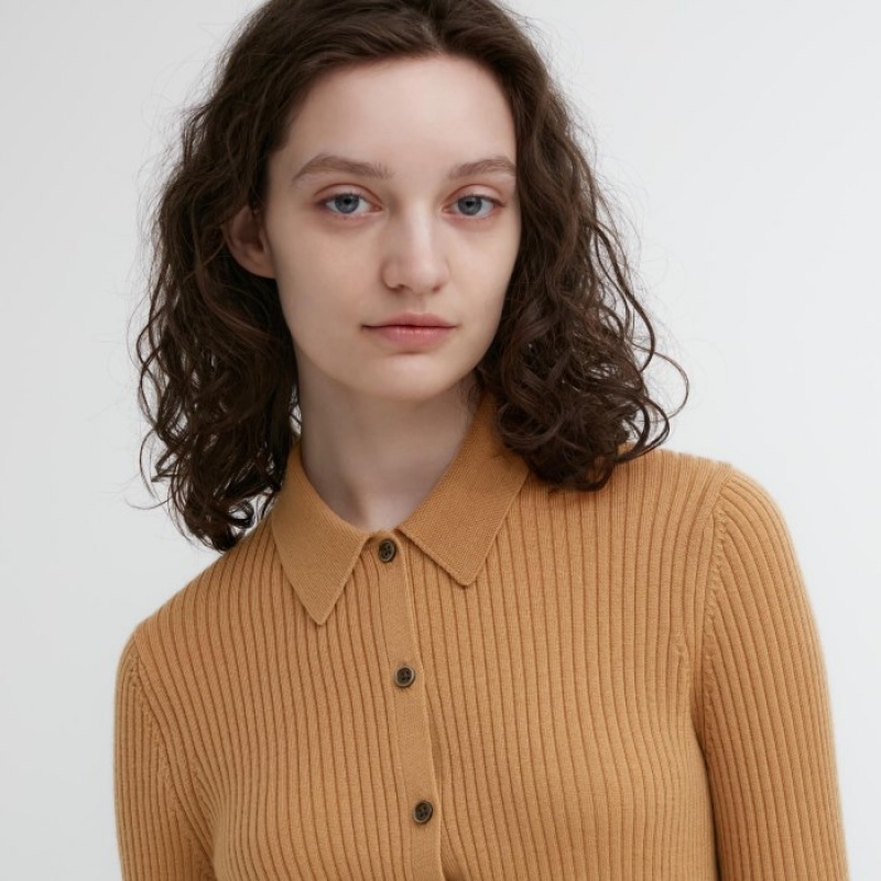 Uniqlo Extra Fine Merino Ribbed Polo Kofta Dam Beige | 1704575
