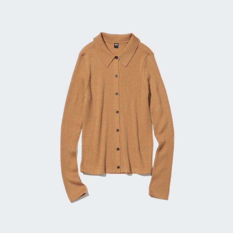 Uniqlo Extra Fine Merino Ribbed Polo Kofta Dam Beige | 1704575
