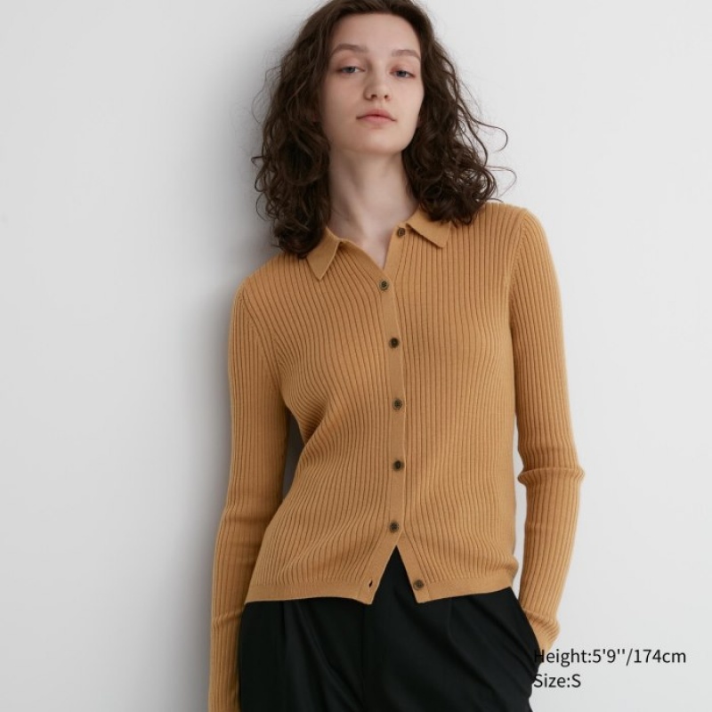 Uniqlo Extra Fine Merino Ribbed Polo Kofta Dam Beige | 1704575