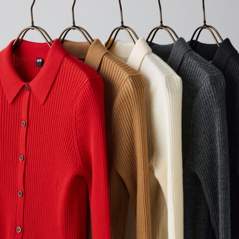 Uniqlo Extra Fine Merino Ribbed Polo Kofta Dam Röda | 7949612