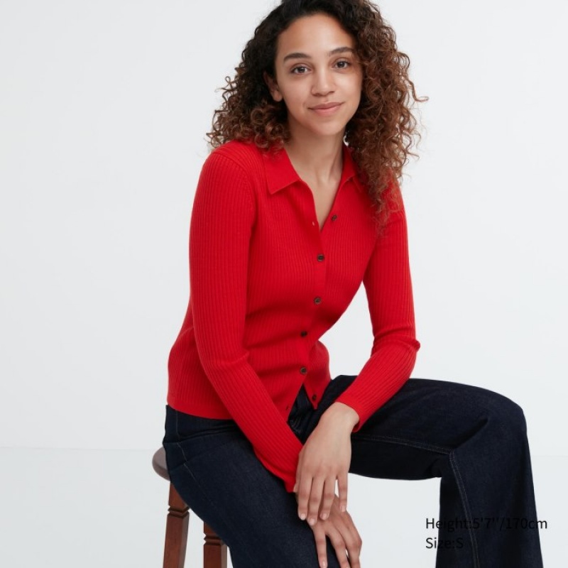 Uniqlo Extra Fine Merino Ribbed Polo Kofta Dam Röda | 7949612