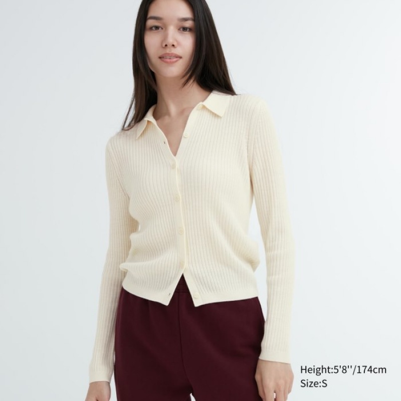Uniqlo Extra Fine Merino Ribbed Polo Kofta Dam Vita | 5458555