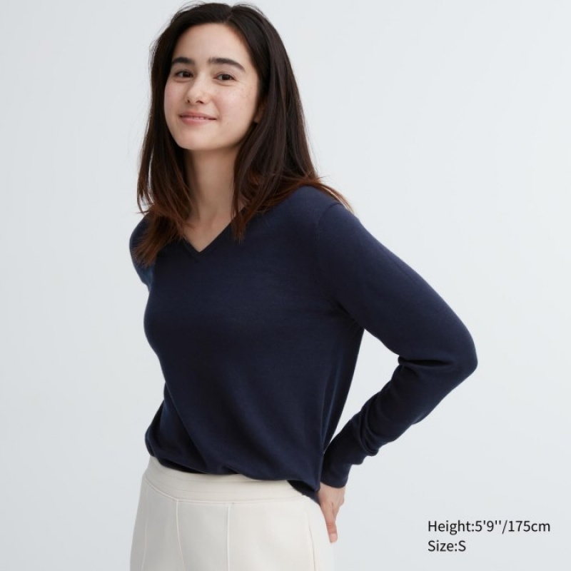 Uniqlo Extra Fine Merino V-Neck Long-Sleeve Tröjor Dam Marinblå | 9682716