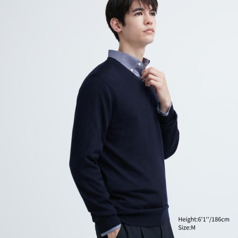 Uniqlo Extra Fine Merino V-Neck Long-Sleeve Tröjor Dam Marinblå | 761112
