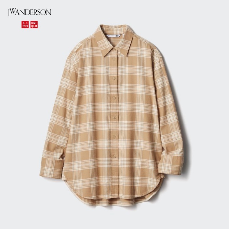 Uniqlo Flannel Checked Long-Sleeve Long Skjorta Dam Beige | 3749833
