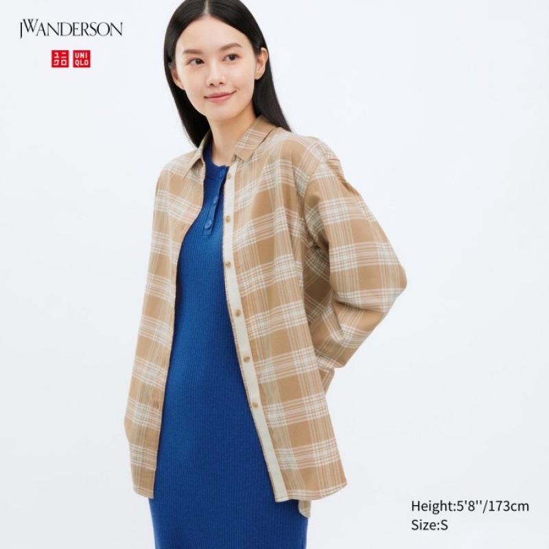 Uniqlo Flannel Checked Long-Sleeve Long Skjorta Dam Beige | 3749833