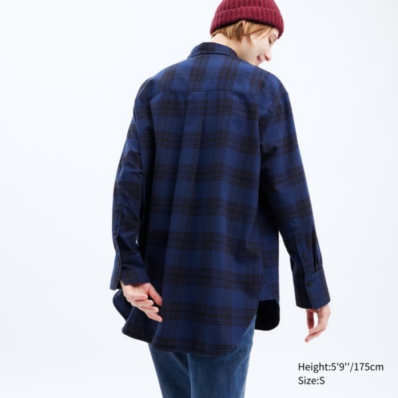 Uniqlo Flannel Checked Long-Sleeve Long Skjorta Dam Marinblå | 8781920