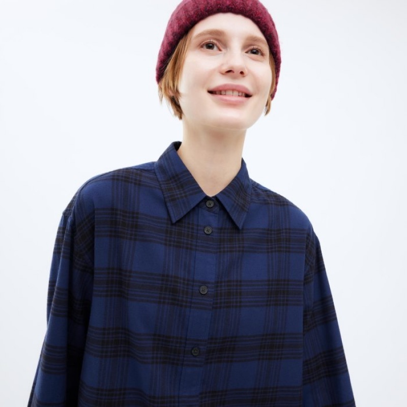 Uniqlo Flannel Checked Long-Sleeve Long Skjorta Dam Marinblå | 8781920