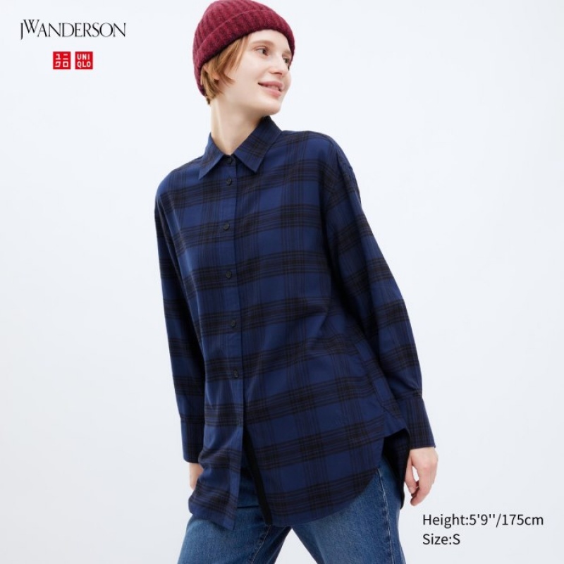 Uniqlo Flannel Checked Long-Sleeve Long Skjorta Dam Marinblå | 8781920