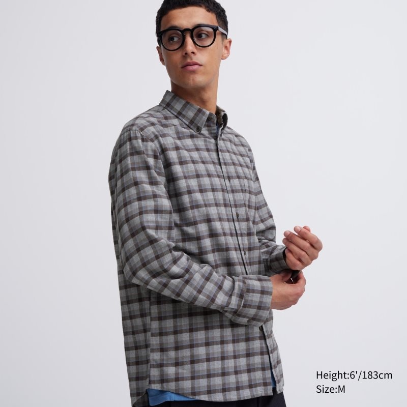 Uniqlo Flannel Checked Long Sleeve Skjorta Herr Grå | 1771247