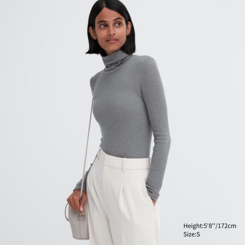 Uniqlo HEATTECH Extra Warm Seamless Ribbed Turtleneck Long-Sleeve T-shirt Dam Grå | 8221963