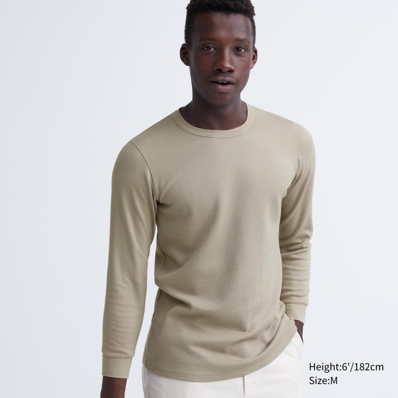 Uniqlo Heattech Cotton Waffle Crew Neck Extra Warm T-shirt Herr Beige | 3004538