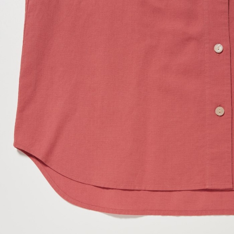 Uniqlo Linen Blend Open Collar Short-Sleeve Skjorta Dam Rosa | 579458
