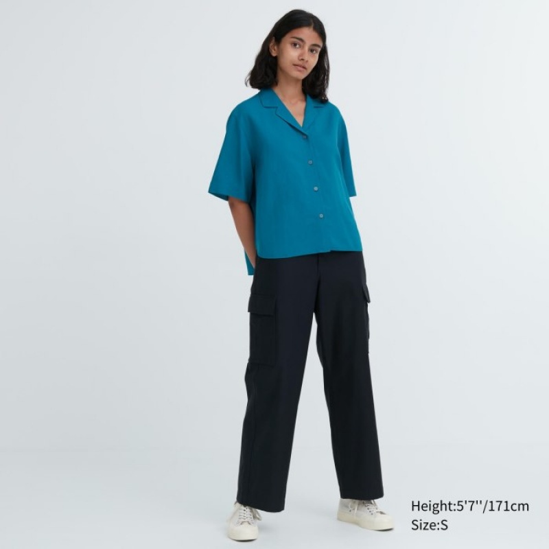 Uniqlo Linen Blend Open Collar Short-Sleeve Skjorta Dam Rosa | 579458