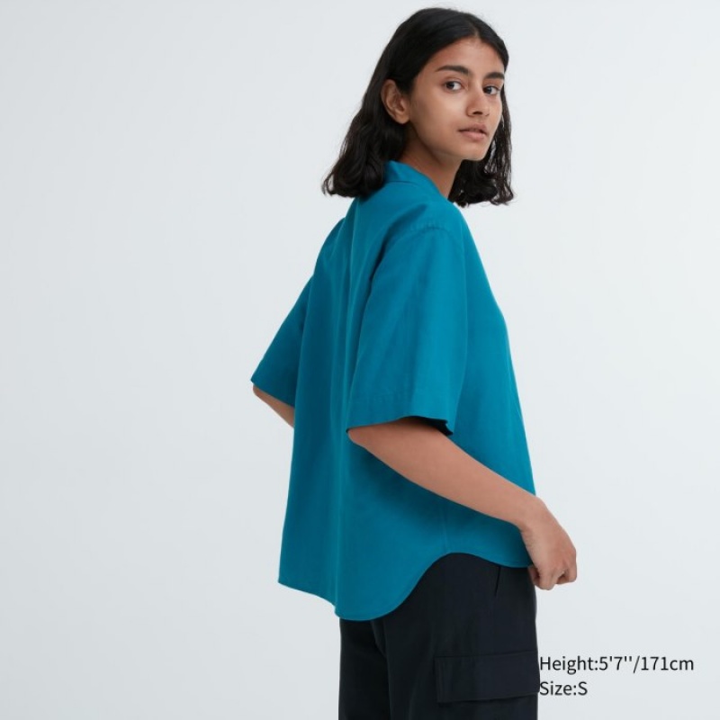 Uniqlo Linen Blend Open Collar Short-Sleeve Skjorta Dam Rosa | 579458