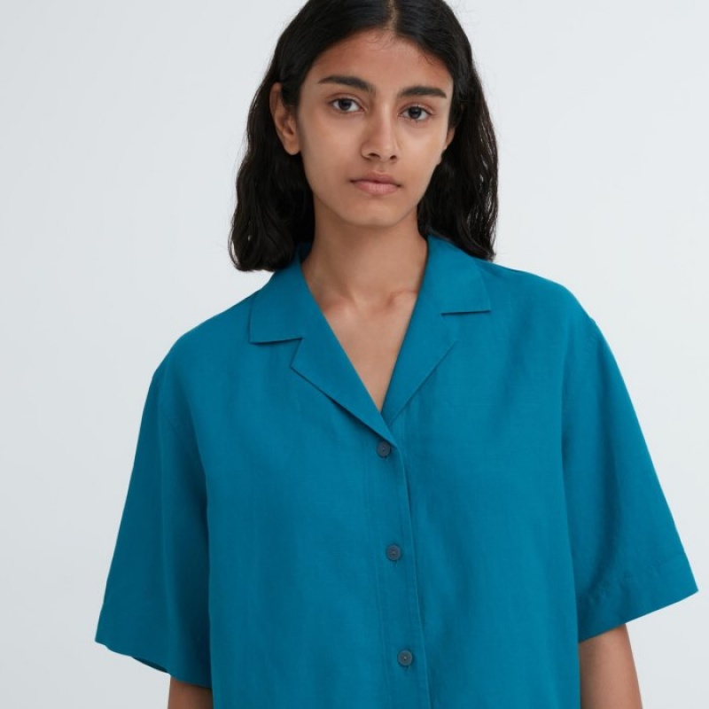 Uniqlo Linen Blend Open Collar Short-Sleeve Skjorta Dam Rosa | 579458