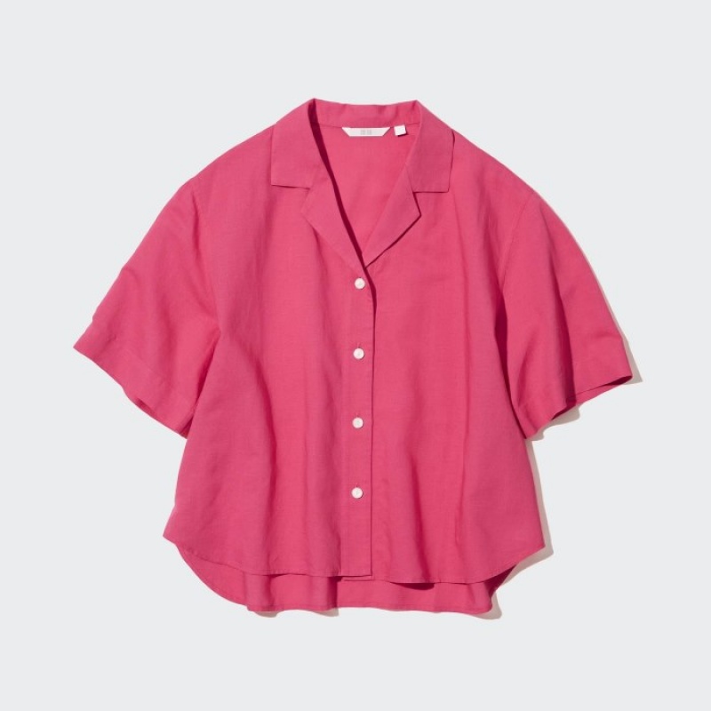 Uniqlo Linen Blend Open Collar Short-Sleeve Skjorta Dam Rosa | 579458