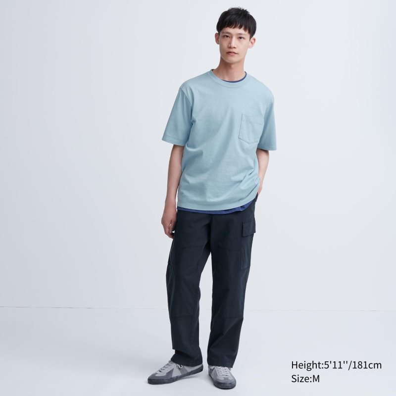 Uniqlo Oversized Pocket Crew Neck Half-sleeve T-shirt Herr Blå | 9504070